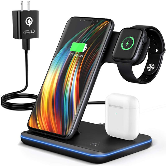 "Ultimate 3-in-1 Wireless Charger: Fast Charging Stand for iPhone 14/13/12/11, Apple Watch, and AirPods - Qi-Certified with Sleek Breathing Indicator"